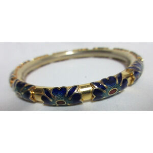 Flower Enamel Cloisonne Floral Colbalt Blue Bracelet Bangle Brass